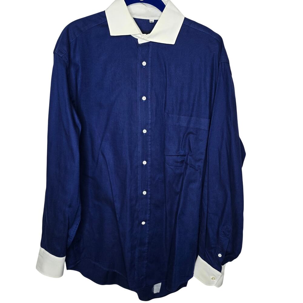 Men's Canali Italy Blue Dress Shirt White Contrast Collar Cuffs 15.5 / 39